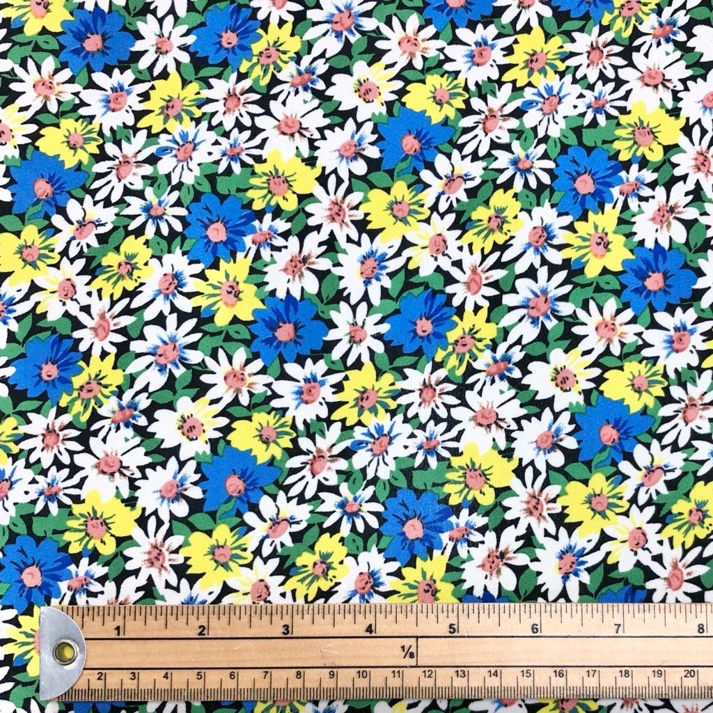Blue/Yellow/White Floral on Black Polyester Crepe Fabric - Pound Fabrics