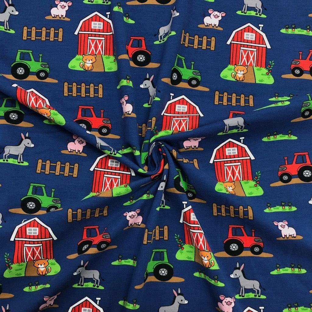 Farm Animals on Navy Cotton Jersey Fabric - Pound Fabrics