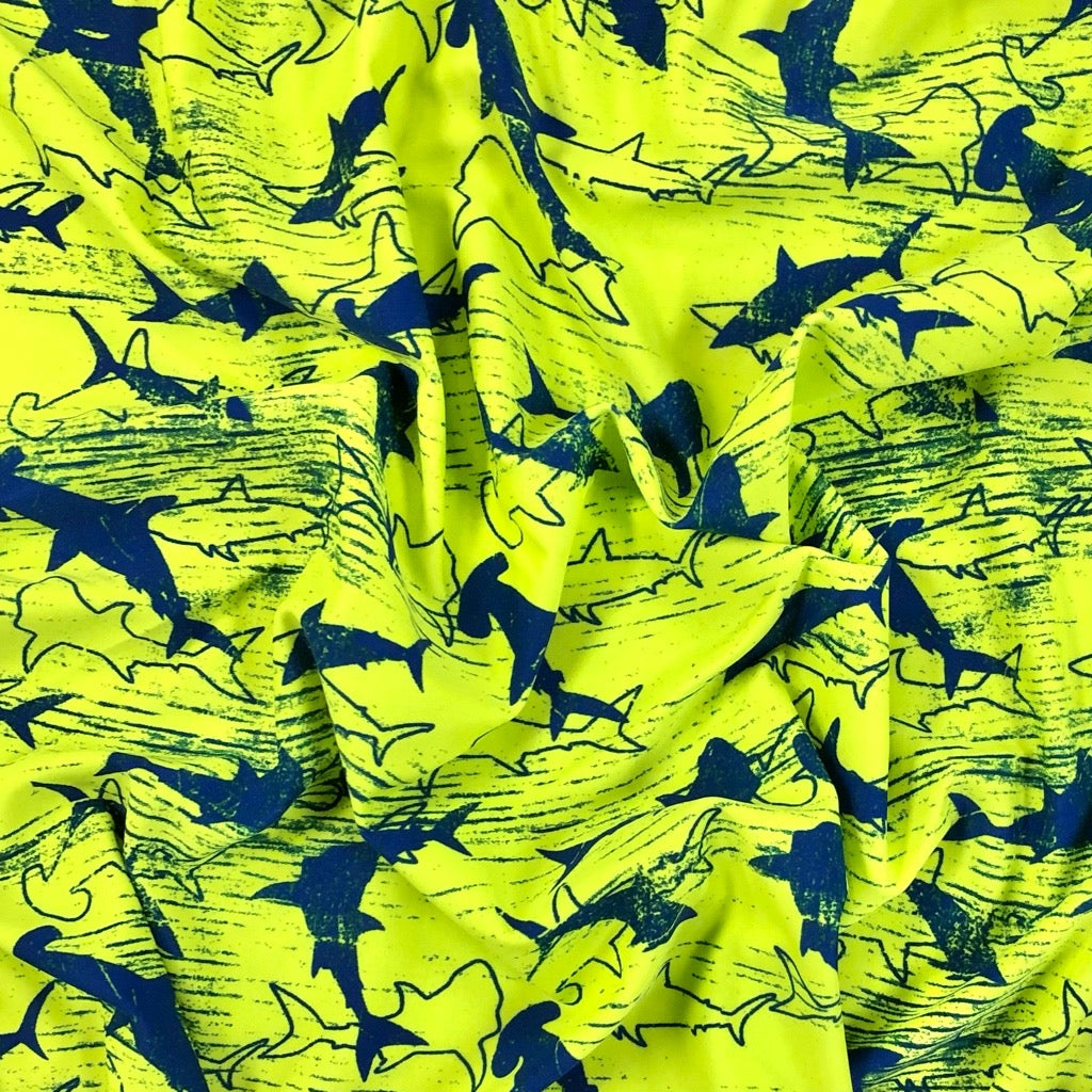 Navy Sharks on Neon Yellow Lycra Spandex Fabric - Pound Fabrics
