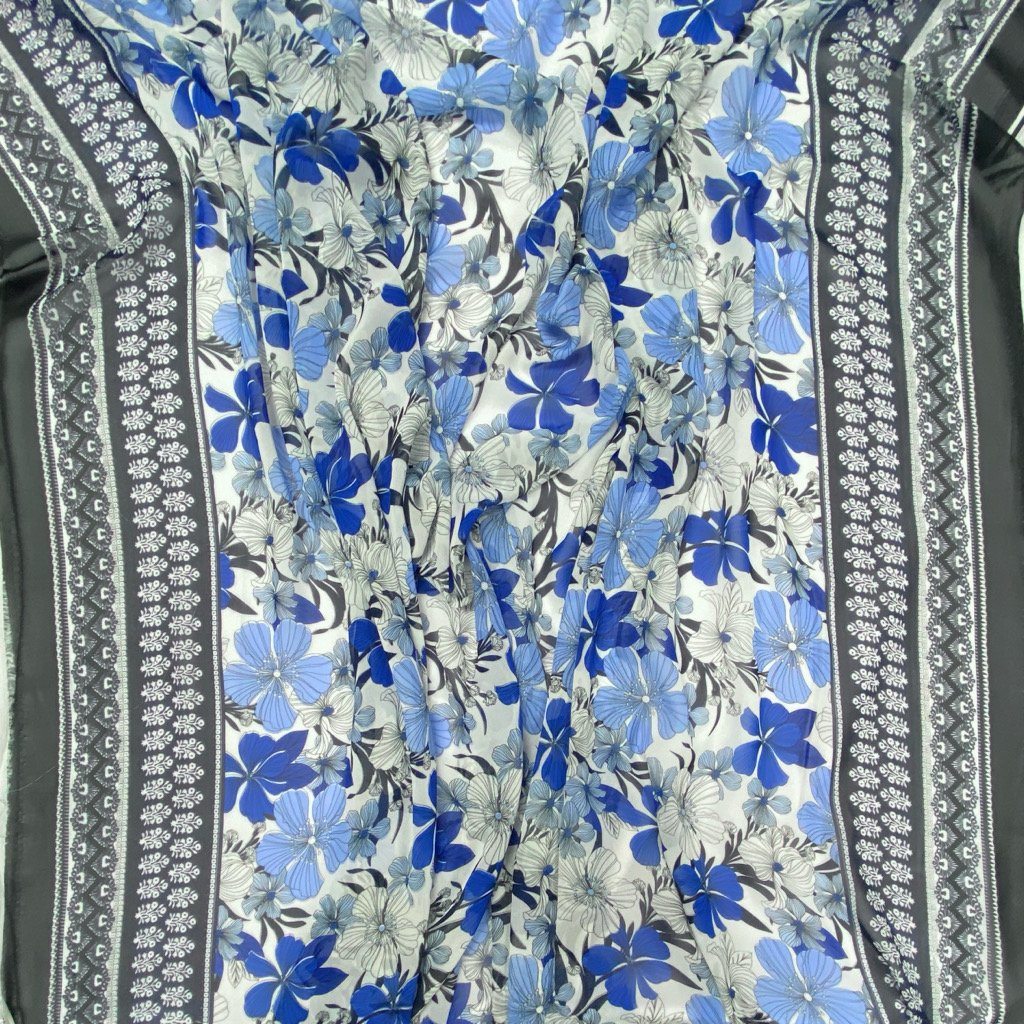 Blue/White Floral with Black Double Border Chiffon Fabric (6564545429527)