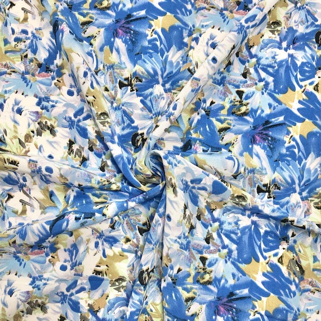 Busy Paint Blue & White Floral Polyester Crepe Fabric - Pound Fabrics