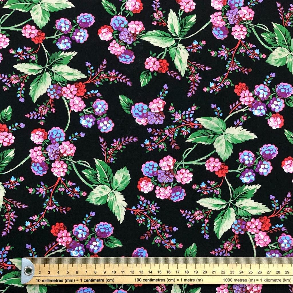 Berries and Leaves on Black Cotton Poplin Fabric - 58" wide - Pound Fabrics