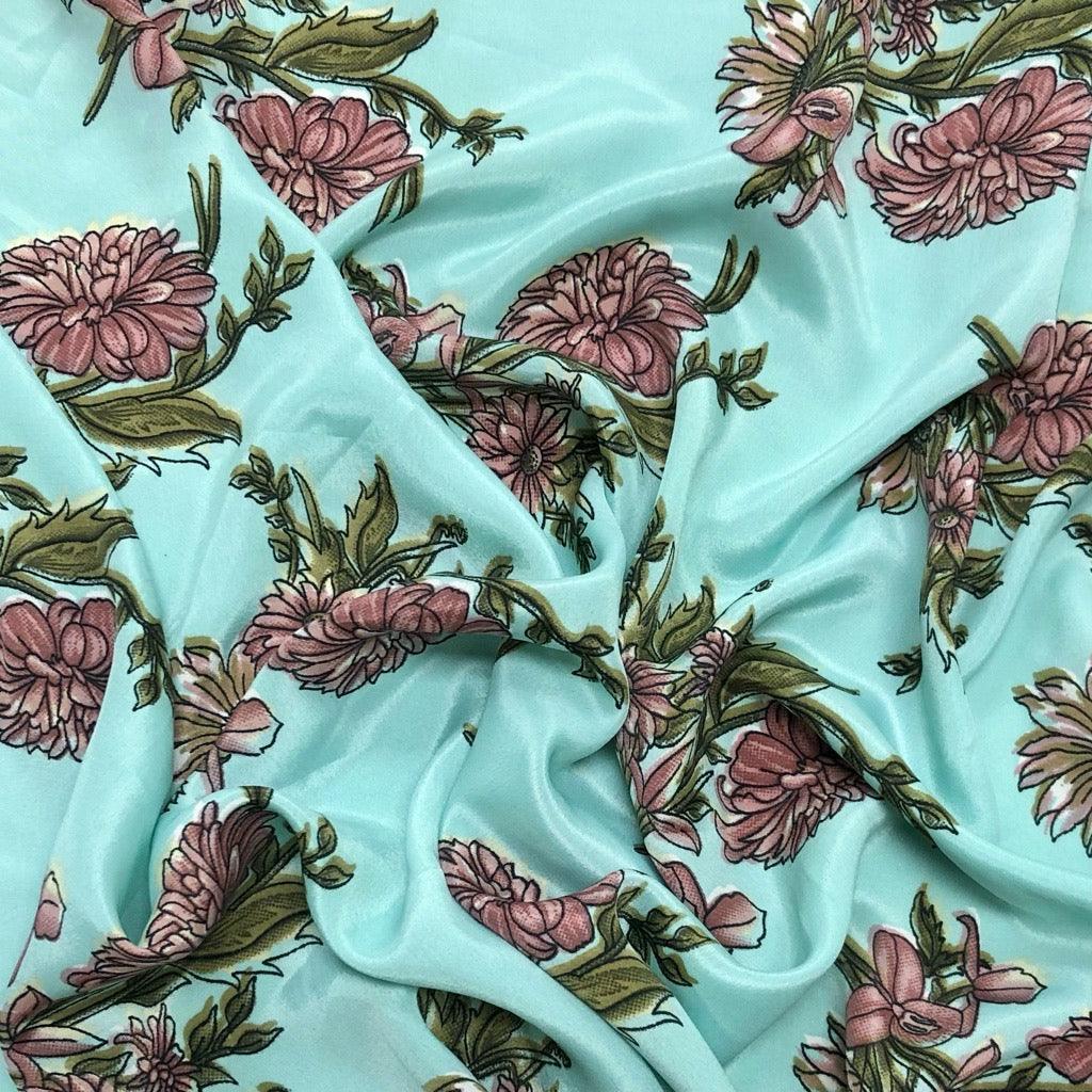 Burgundy Floral on Turquoise Polyester Fabric - Pound Fabrics