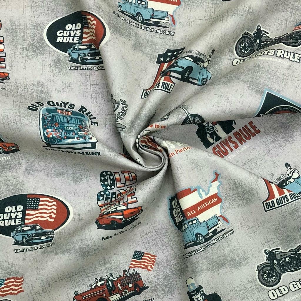 'Old Guys Rule' on Grey Cotton Fabric - Pound Fabrics