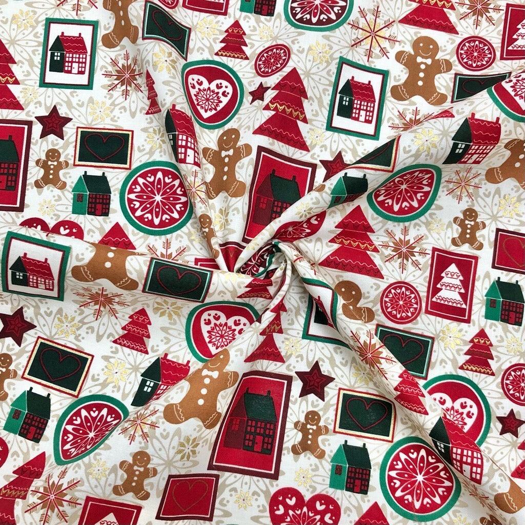 All Over Xmas Prints on Cream Rose & Hubble Cotton Fabric - Pound Fabrics