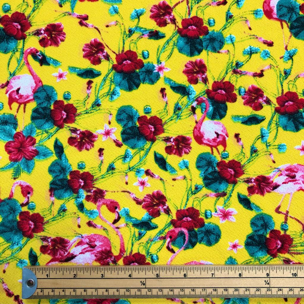 Flamingos and Floral Pique Jersey Fabric - Pound Fabrics