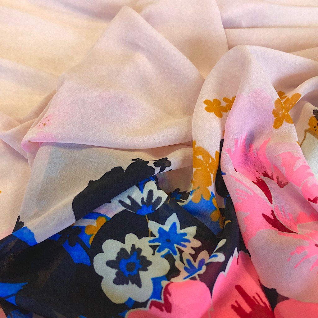 Pink Floral Border Chiffon Fabric (4390745538583)
