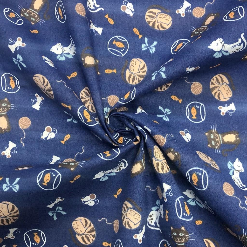 Cats, Mice and Fish on Navy Polycotton Fabric - Pound Fabrics