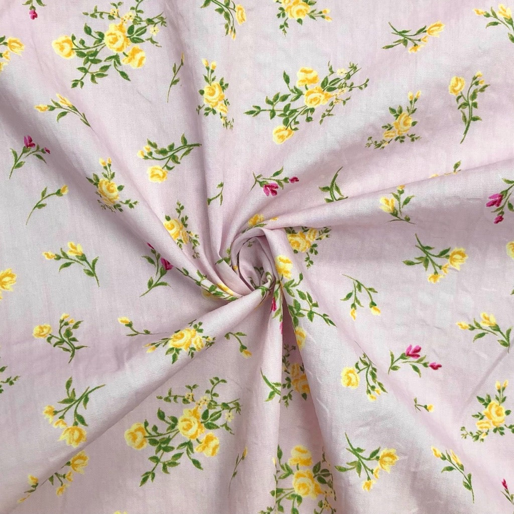 Yellow and Pink Ditsy Flowers on Pink Seersucker Fabric
