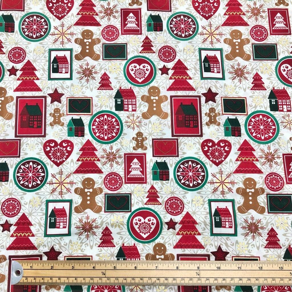 All Over Xmas Prints on Cream Rose & Hubble Cotton Fabric - Pound Fabrics