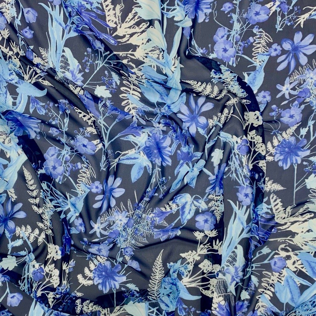 Blue Floral Garden Chiffon Fabric (6558432002071)