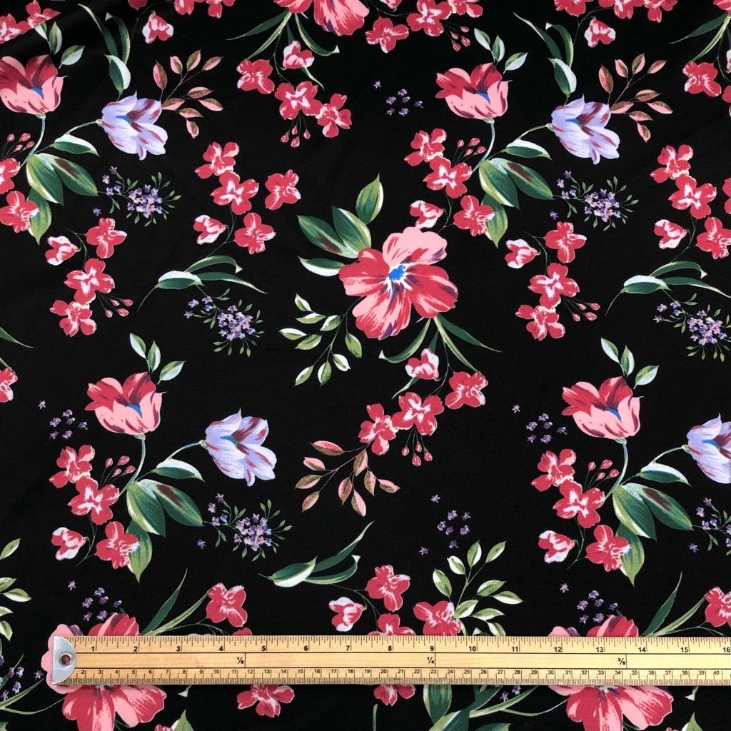 Pink Flower Leaves on Black Scuba Fabric - Pound Fabrics