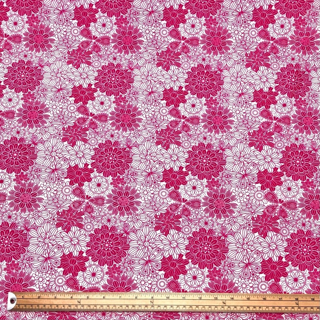 Pink and White Flower Land Lycra Spandex Fabric (6555124924439)