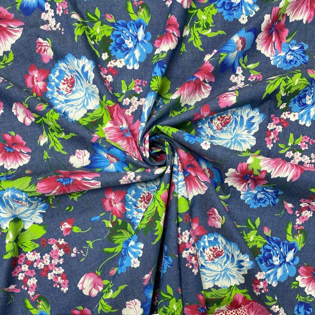 Colourful Floral Chambray Denim Fabric - Pound Fabrics