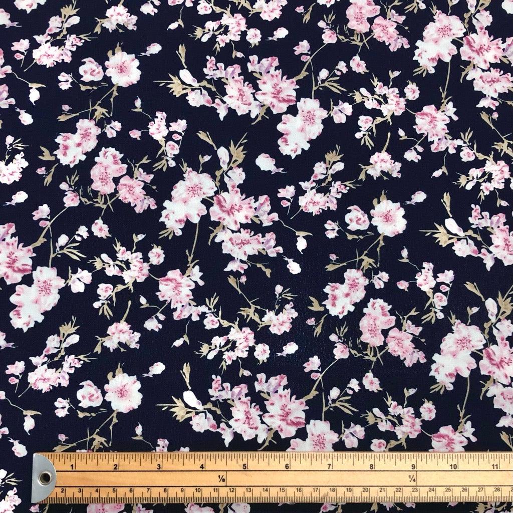 Cherry Blossoms on Dark Navy Polyester Crepe Fabric - Pound Fabrics
