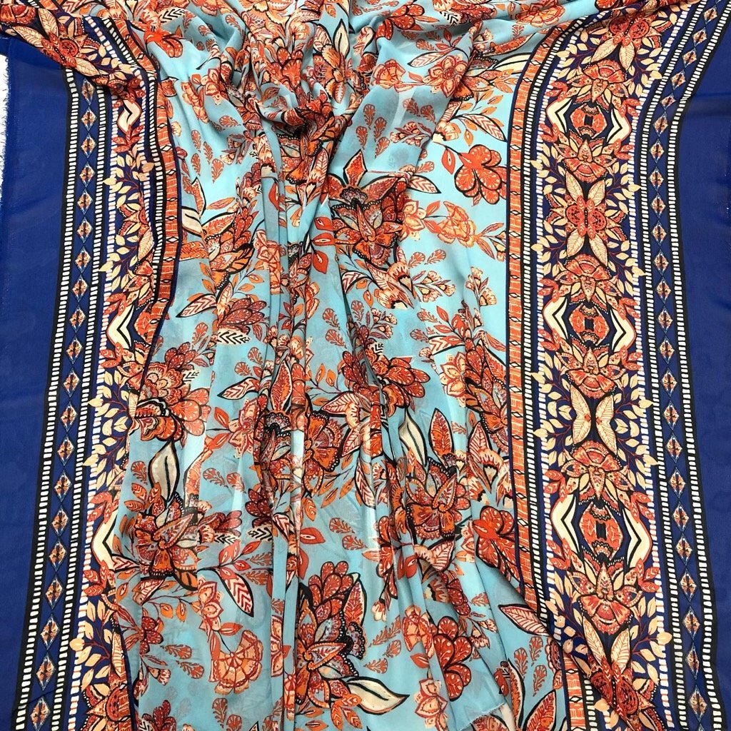 Blue and Orange Floral Double Border Chiffon Fabric (6547067600919)