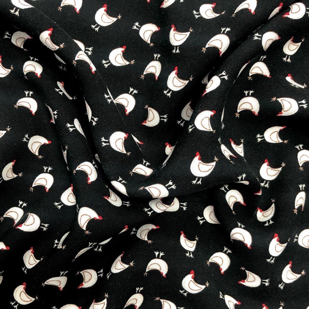 Hens on Black Viscose Challis Fabric - Pound Fabrics