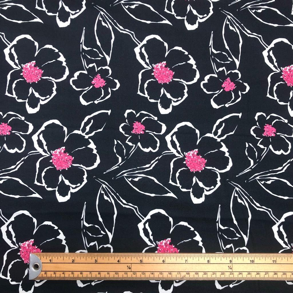 Large White & Pink Floral on Black Polyester Fabric - Pound Fabrics