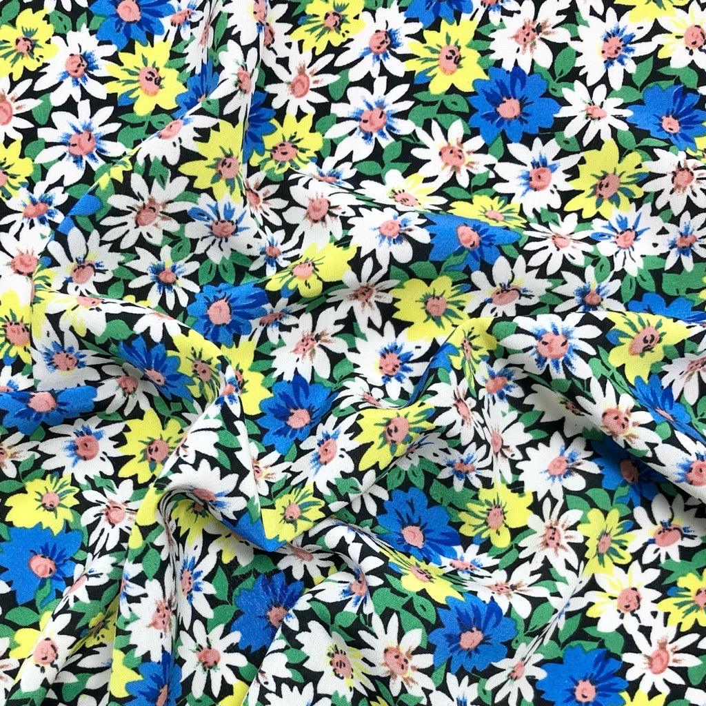 Blue/Yellow/White Floral on Black Polyester Crepe Fabric - Pound Fabrics