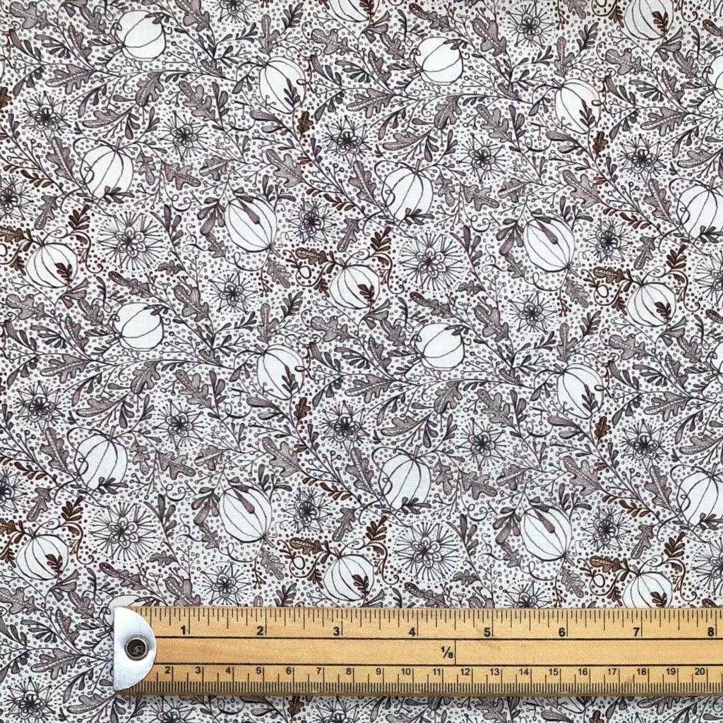 Grey/Brown Abstract Prints on White Cotton Fabric - Pound Fabrics