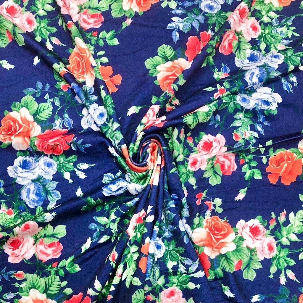 Red/Orange/Blue Floral on Navy Elastane Fabric - Pound Fabrics