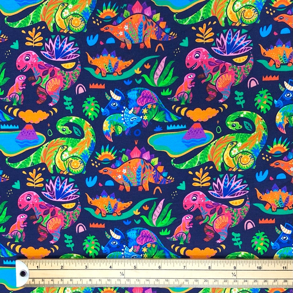 Multicoloured Dinosaurs on Navy French Terry Fabric - Pound Fabrics