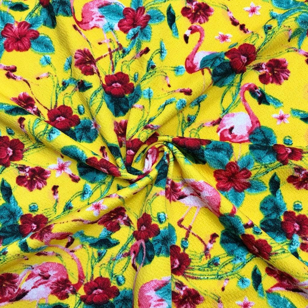 Flamingos and Floral Pique Jersey Fabric - Pound Fabrics