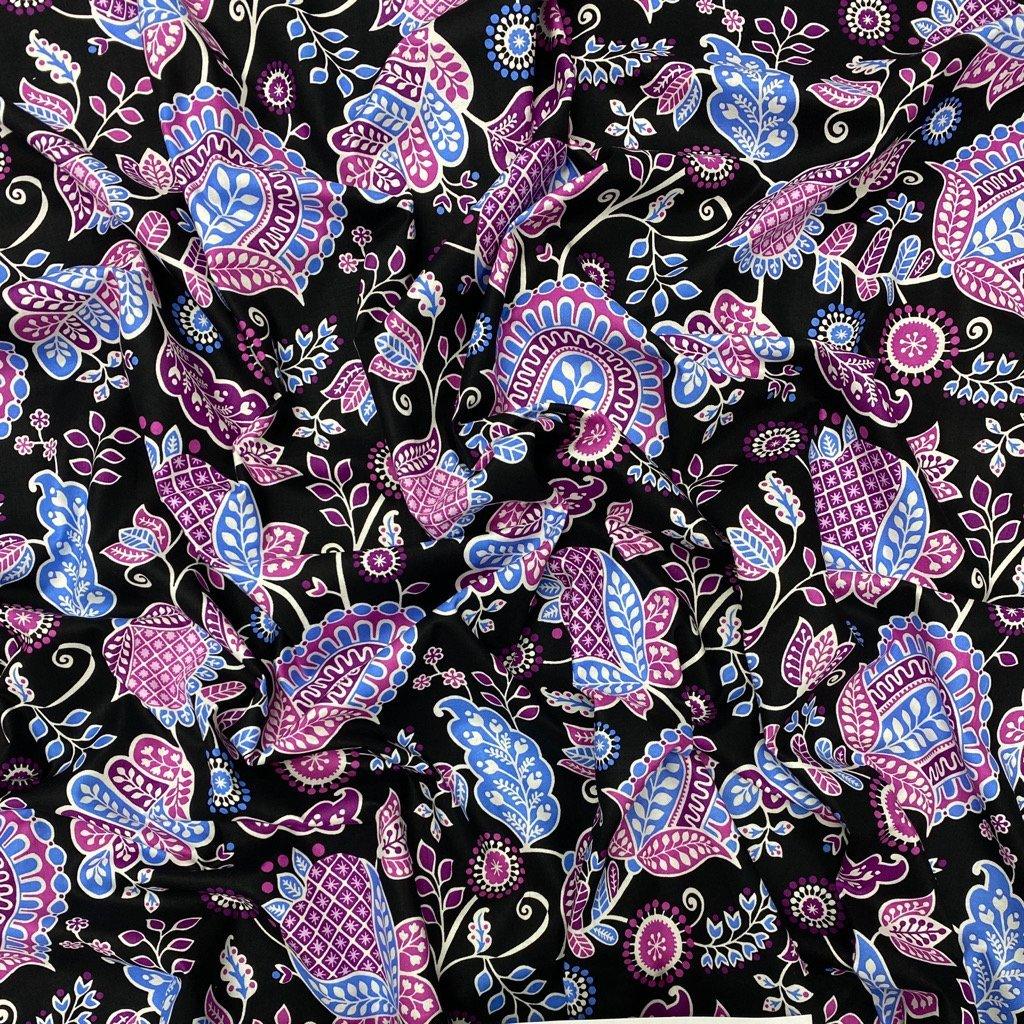 Purple Henna Art on Black Cotton Poplin Fabric - 58" wide - Pound Fabrics