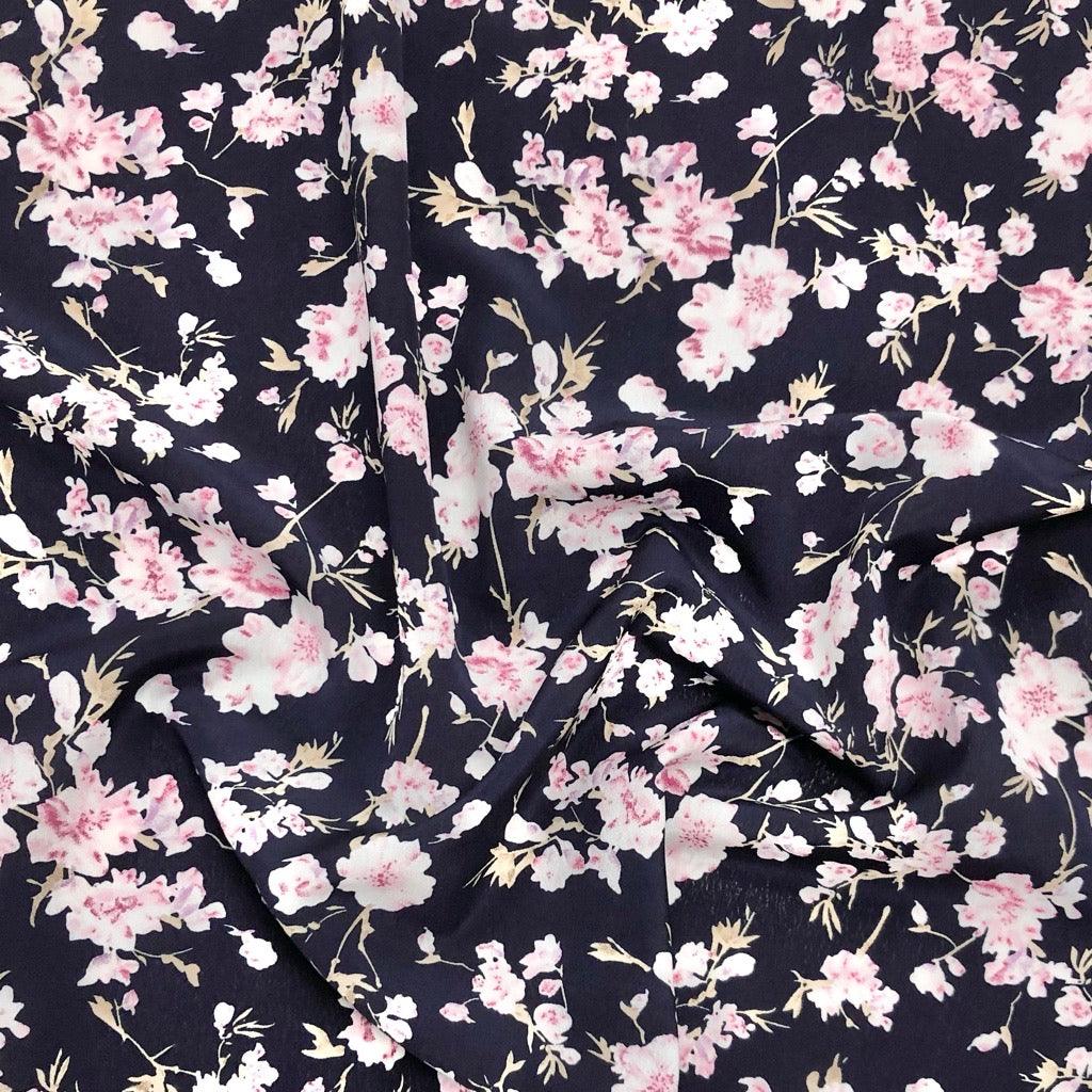 Cherry Blossoms on Dark Navy Polyester Crepe Fabric - Pound Fabrics