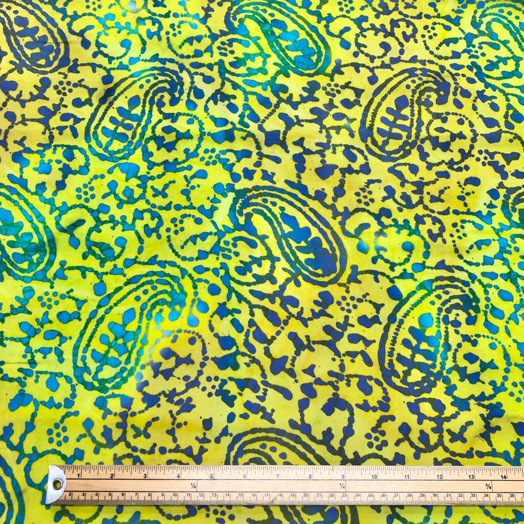 Blue Paisley and Swirls on Yellow Cotton Batik Fabric - John Louden