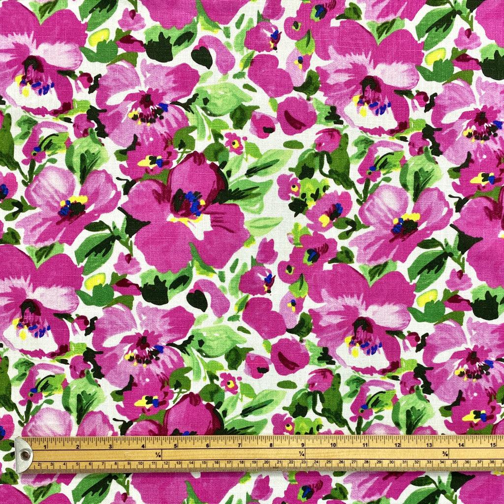 Large Pink Floral Linen Mix Fabric - Pound Fabrics