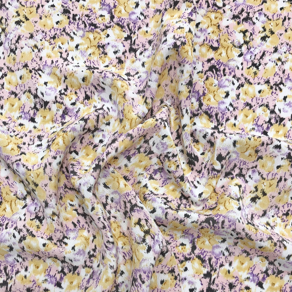 Yellow and Pink Abstract Floral on White Polyester Crepe Fabric – Pound ...