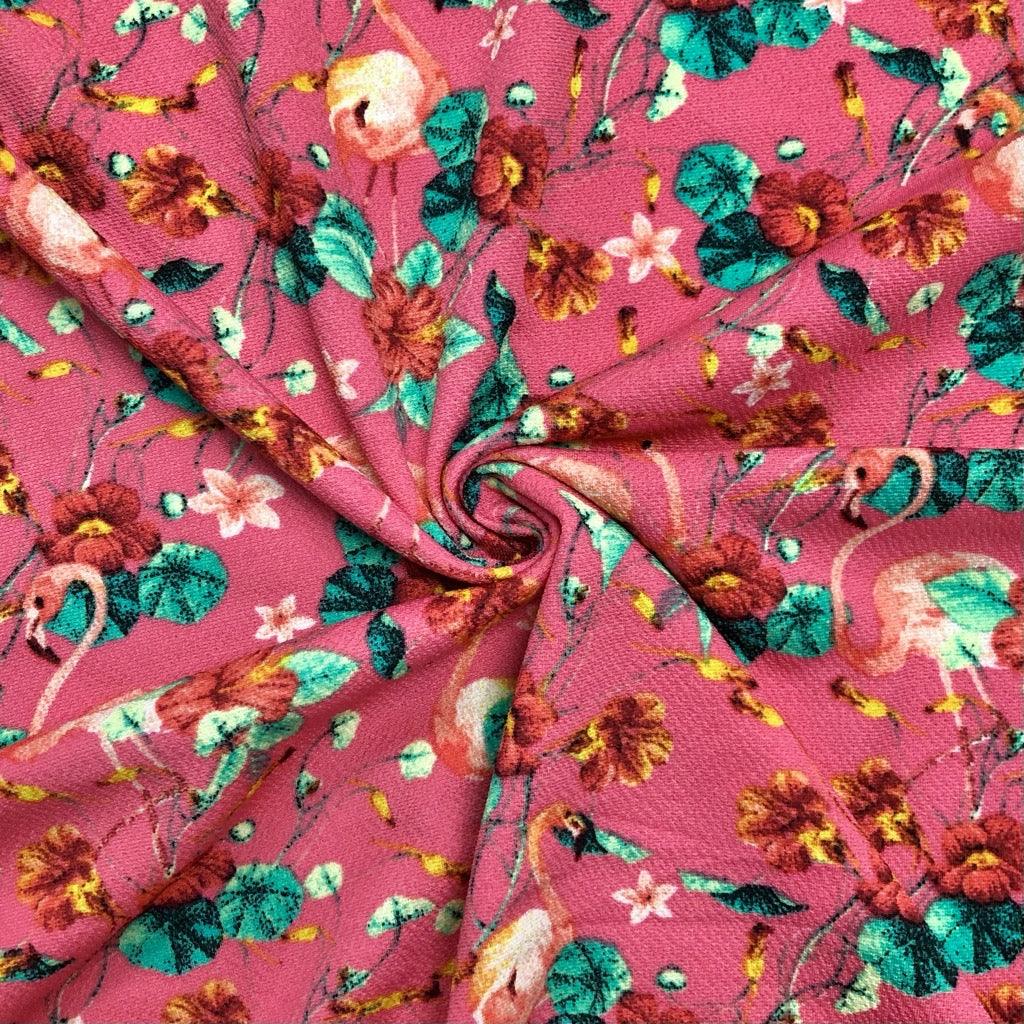 Flamingos and Floral Pique Jersey Fabric - Pound Fabrics
