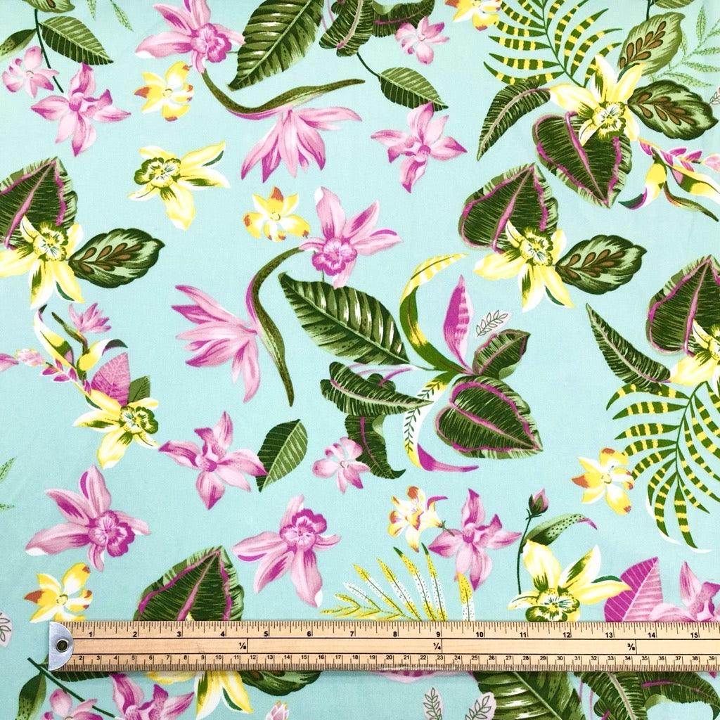 Tropical Floral on Aqua Scuba Fabric - Pound Fabrics