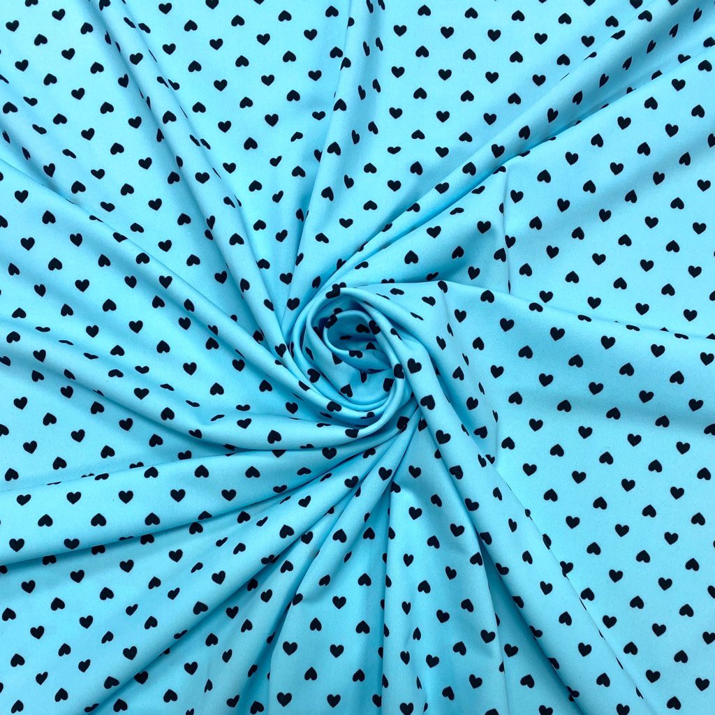 Black Hearts on Blue Lycra Spandex Fabric (6555142750231)