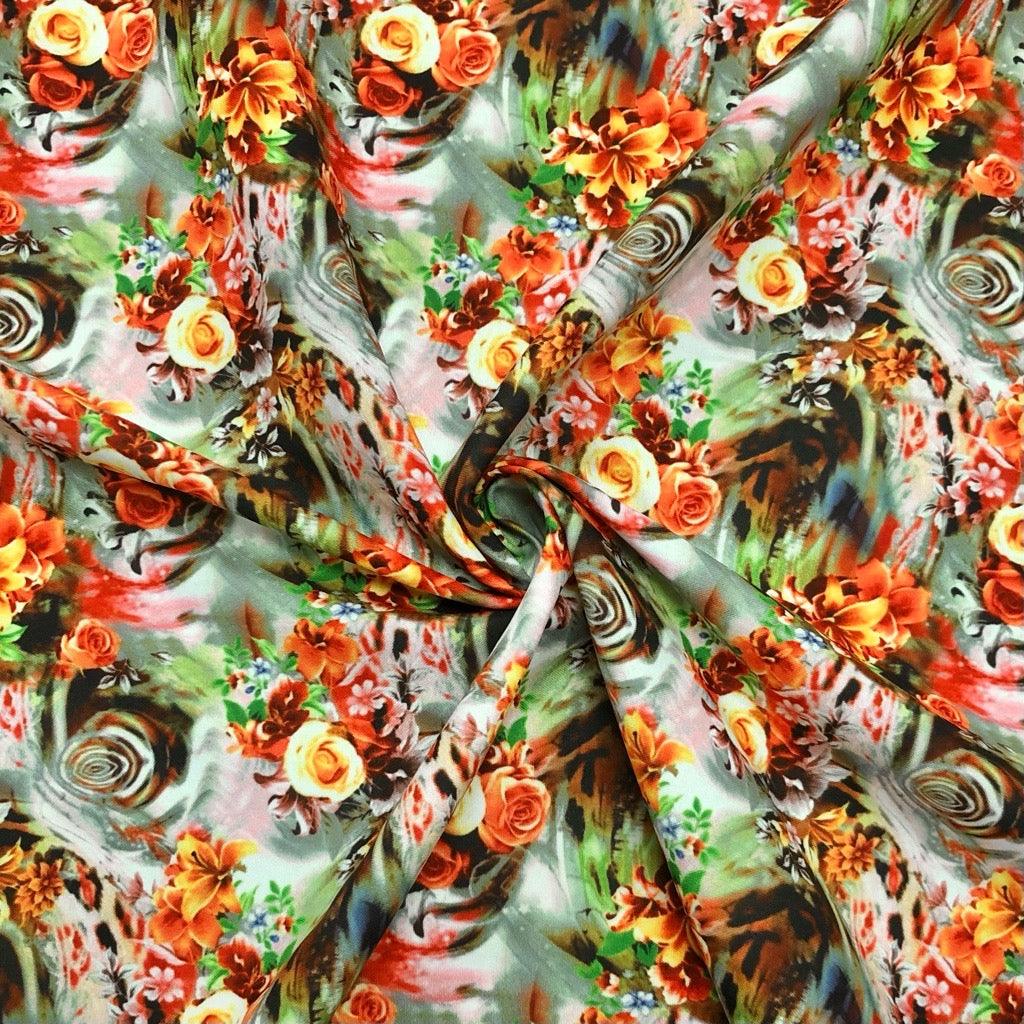 Red &amp; Orange Roses Cotton-Touch Polyester Fabric - Pound Fabrics