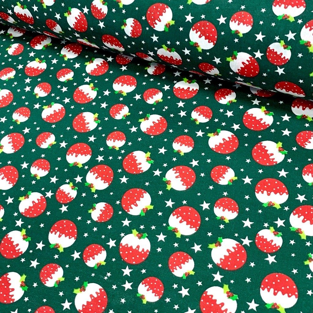 Christmas Pudding and Stars Polycotton Fabric (6564174692375)