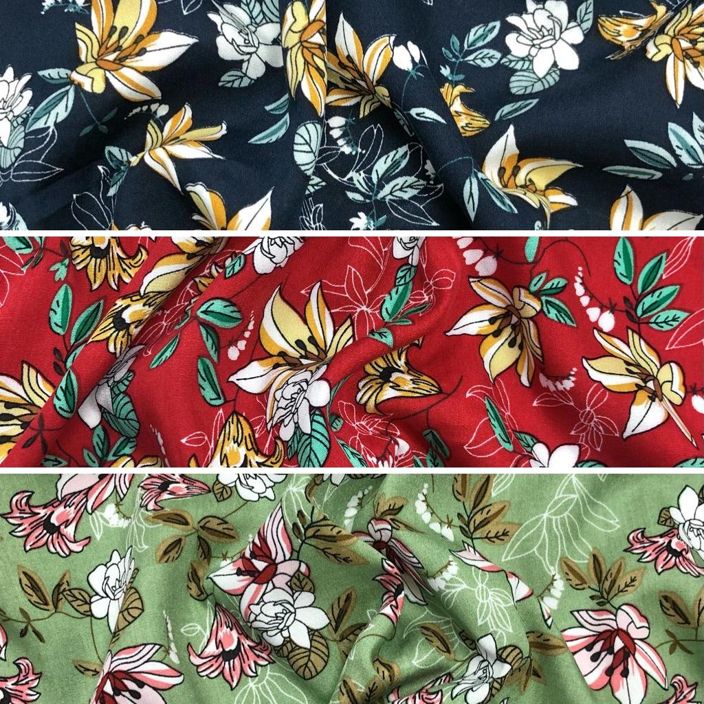 Lilies and Delicate Leaves Viscose Challis Fabric - Pound Fabrics
