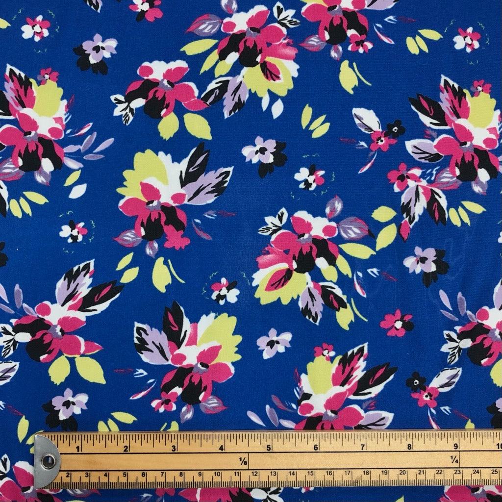 Arty Flowers on Royal Blue Satin Fabric - Pound Fabrics