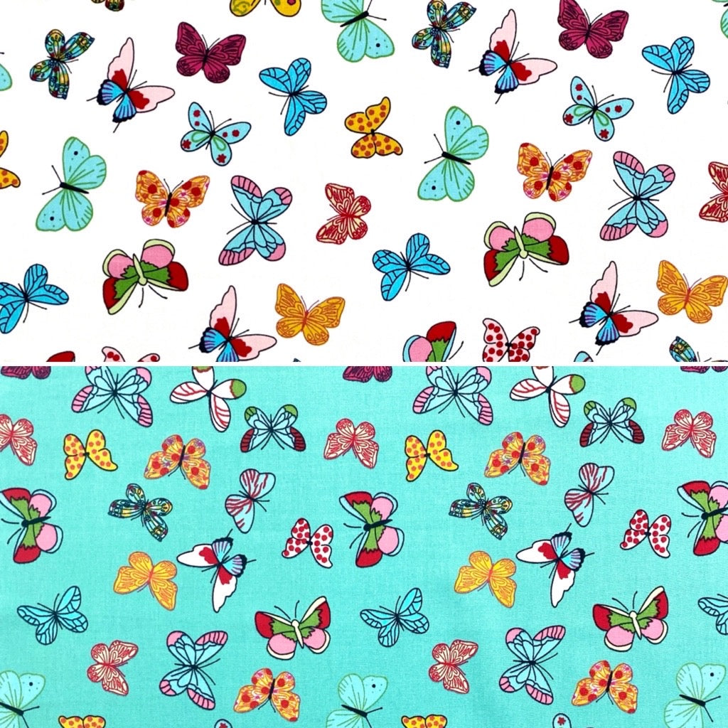 Colourful Butterfly Rose &amp; Hubble Cotton Poplin Fabric - Pound Fabrics