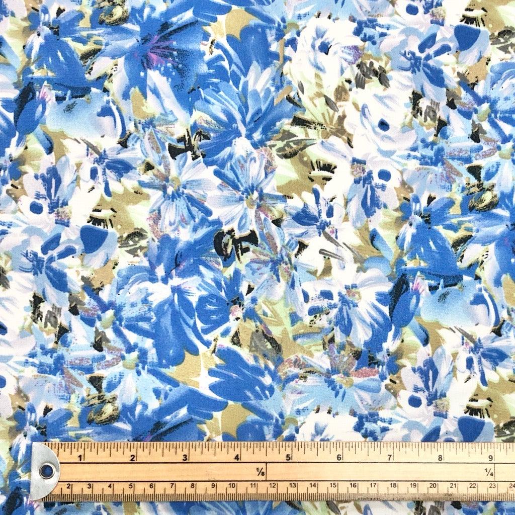 Busy Paint Blue & White Floral Polyester Crepe Fabric - Pound Fabrics
