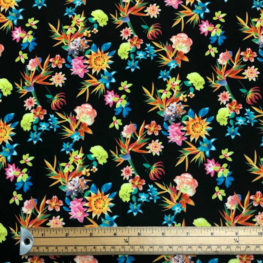 Colourful Floral Bunch on Black Cotton-Touch Polyester Fabric - Pound Fabrics