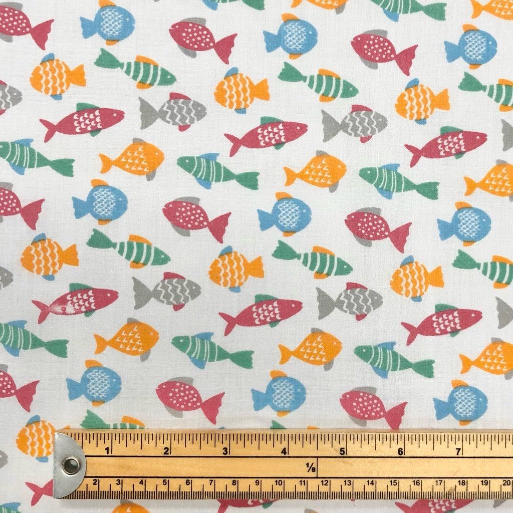 Multicoloured Fish on White Polycotton Fabric - Pound Fabrics