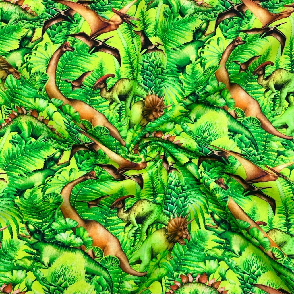 Dinosaurs in Tropical Forest on Lime Cotton Fabric - Pound Fabrics