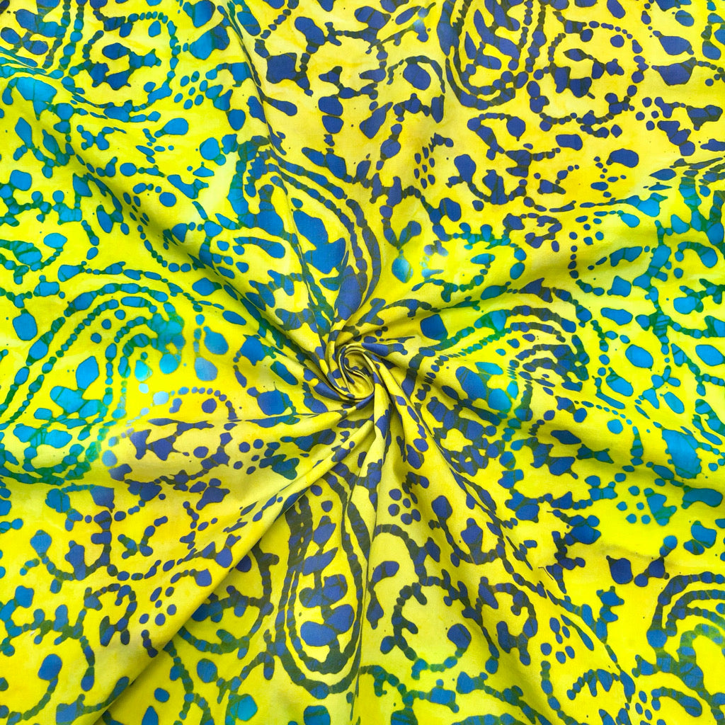 Blue Paisley and Swirls on Yellow Cotton Batik Fabric - John Louden ...