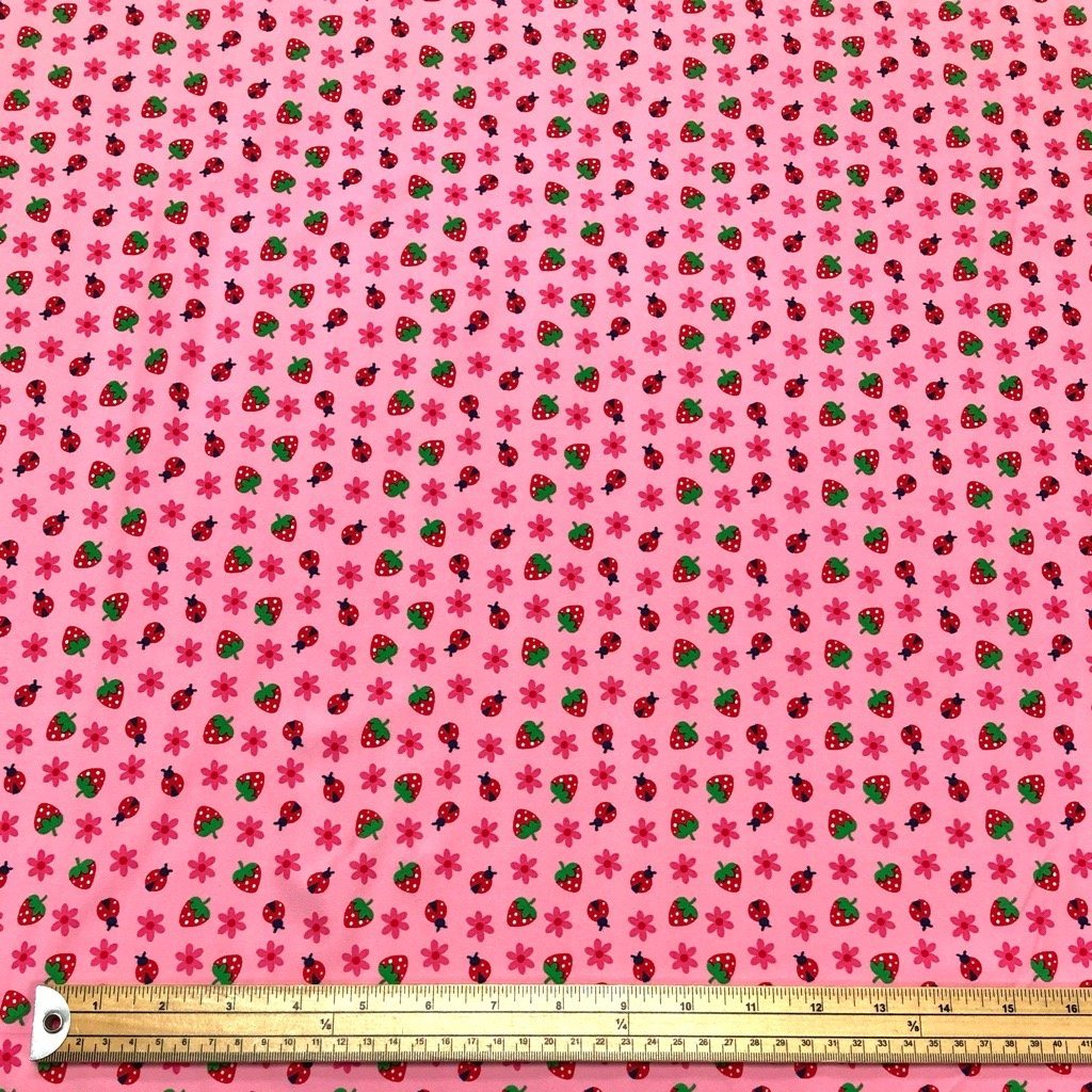 Mini Ladybirds and Strawberries on Pink Lycra Spandex Fabric 70cm PANEL (6555125809175)