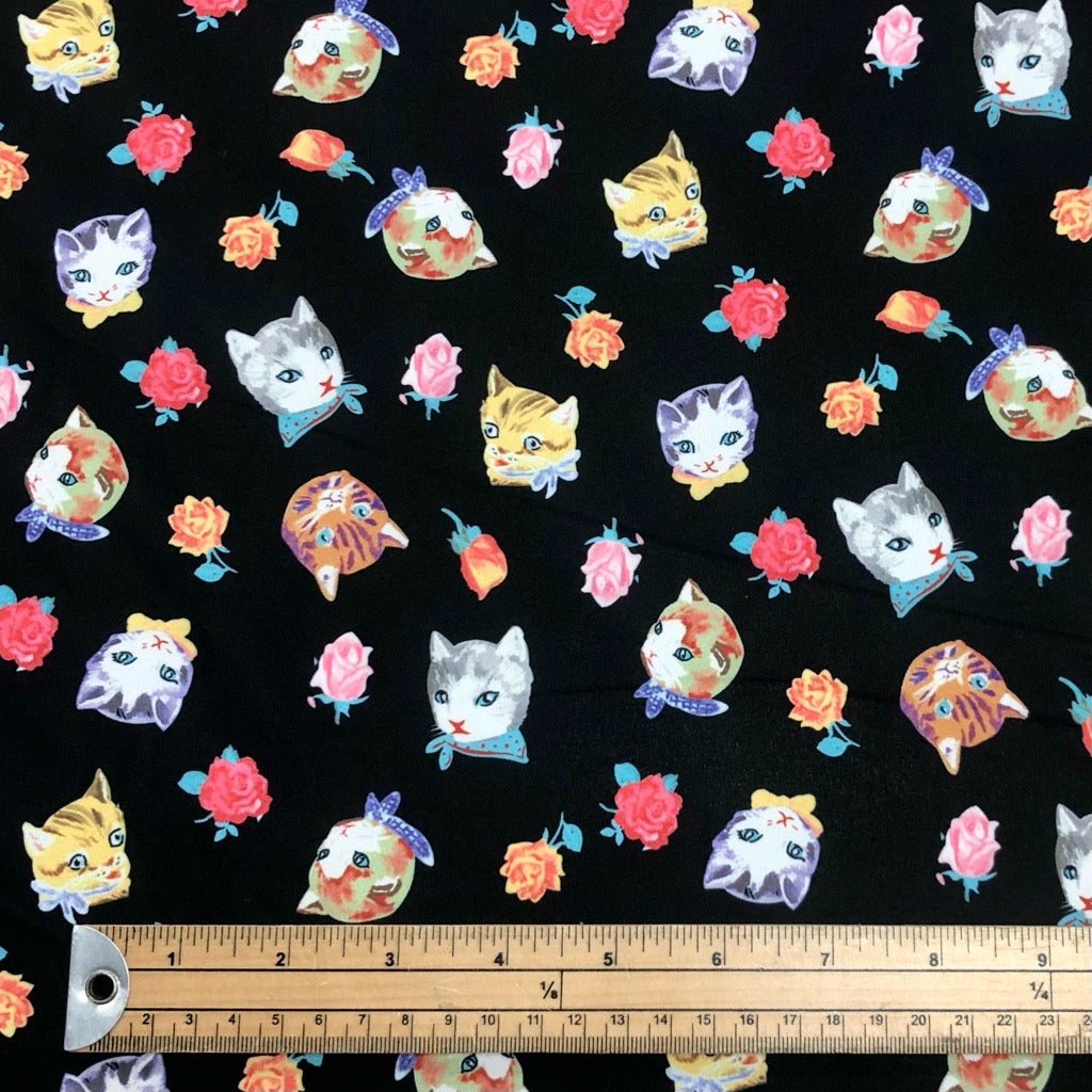 Cats and Roses on Black Cotton-Touch Polyester Fabric - Pound Fabrics