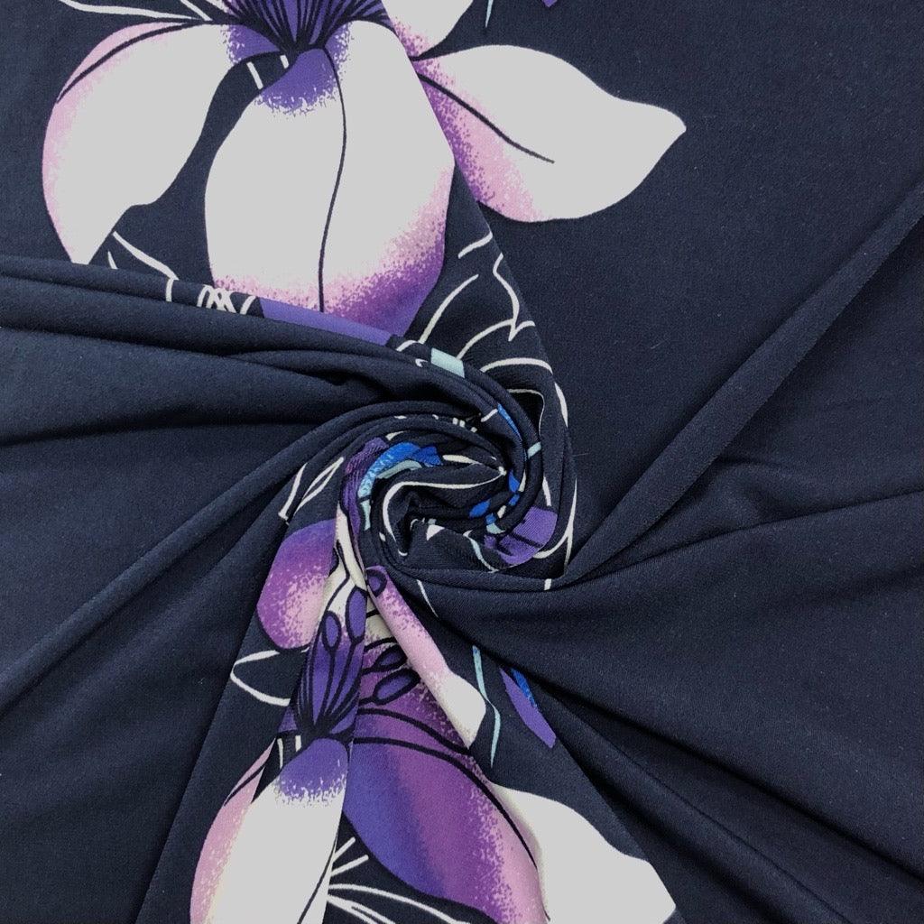 Purple and Blue Floral Border on Navy Elastane Fabric - Pound Fabrics