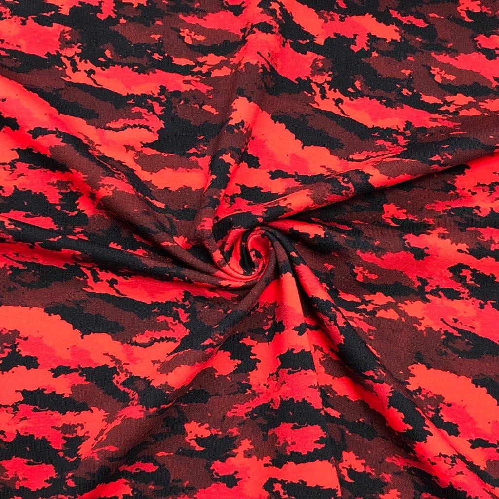 Red and Black Camouflage French Terry Fabric
