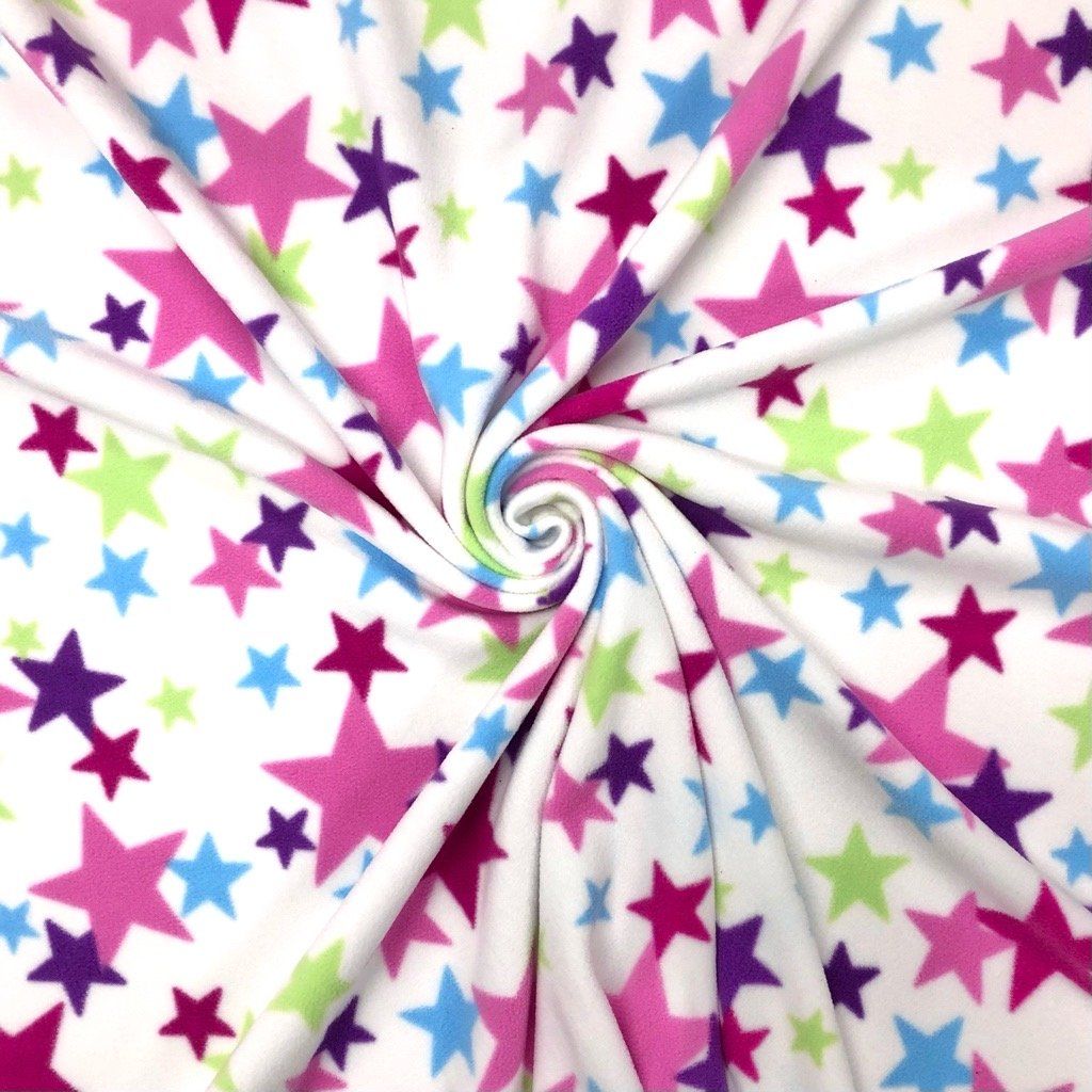 Multicoloured Stars on White Anti Pill Polar Fleece Fabric (6575981821975)